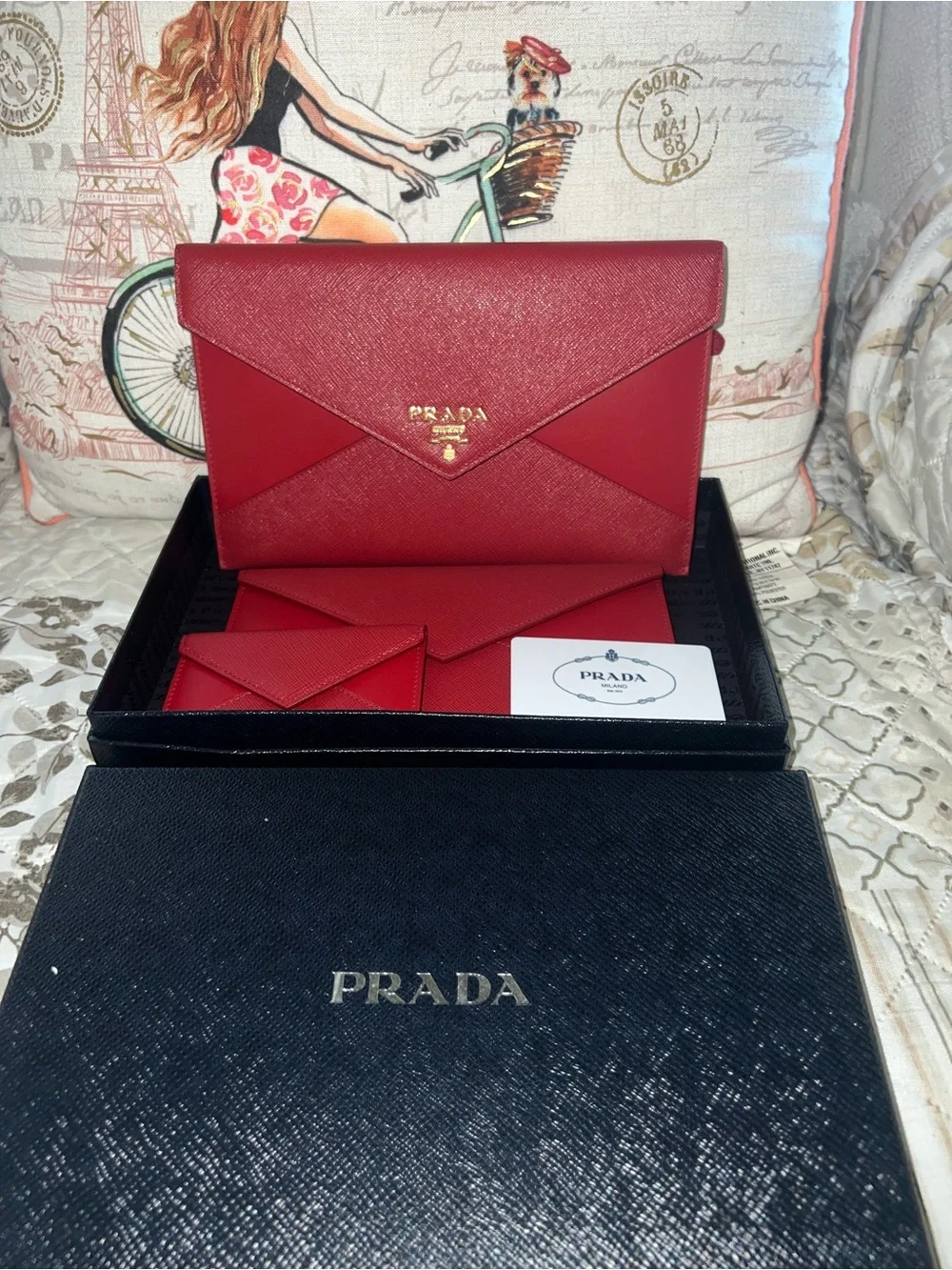 Prada Red Saffiano Envelope Clutch with Gold Logo